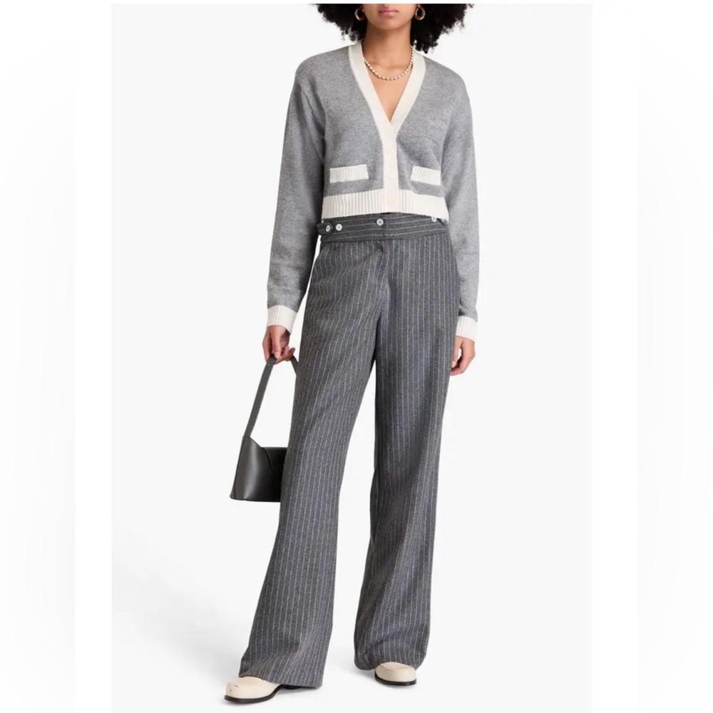 Sandro Gray and Cream V-Neck Cropped Cardigan